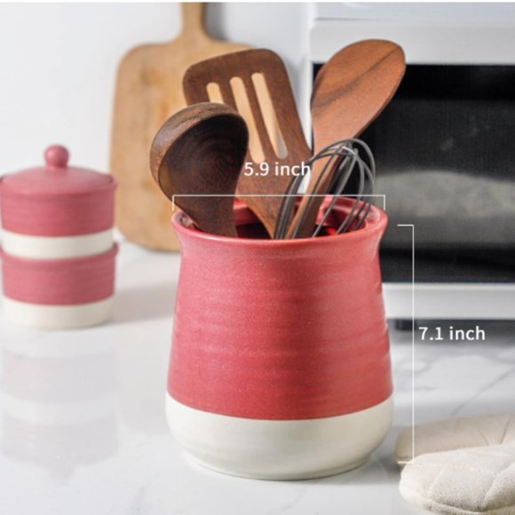 Lg - Ceramic Kitchen Utensil Holder - Farmhouse Cooking Utensil Holder Crock - Picture 2 of 10